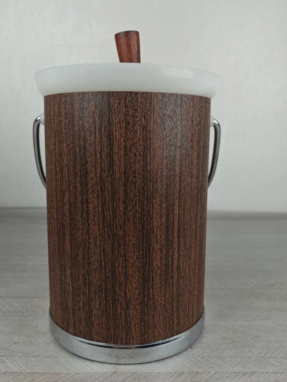 Vintage Kromex Chrome & Woodgrain Ice Bucket With Lid & Tongs Mid-Century Modern